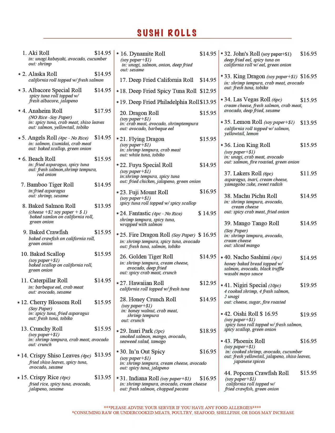 A detailed sushi menu page titled 