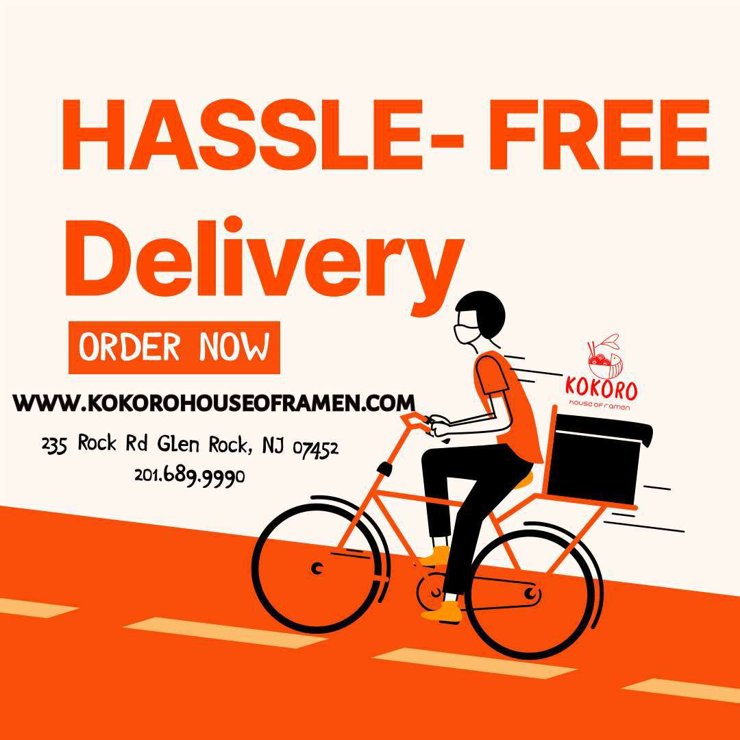Bike delivery service promotional flyer at KOKORO House Of Ramen, a Ramen Restaurant in Glen Rock