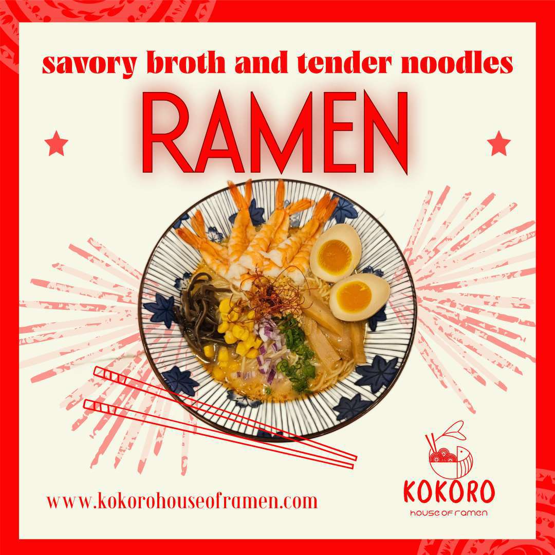 Savory shrimp tonkotsu ramen dish poster at KOKORO House Of Ramen, a Ramen Restaurant in Glen Rock