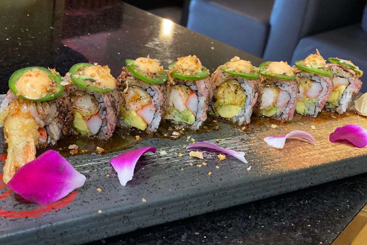 Steak jalapeno tempura shrimp crunchy layered sushi roll at Komeya Sushi & Ramen, a Japanese Restaurant in Spring