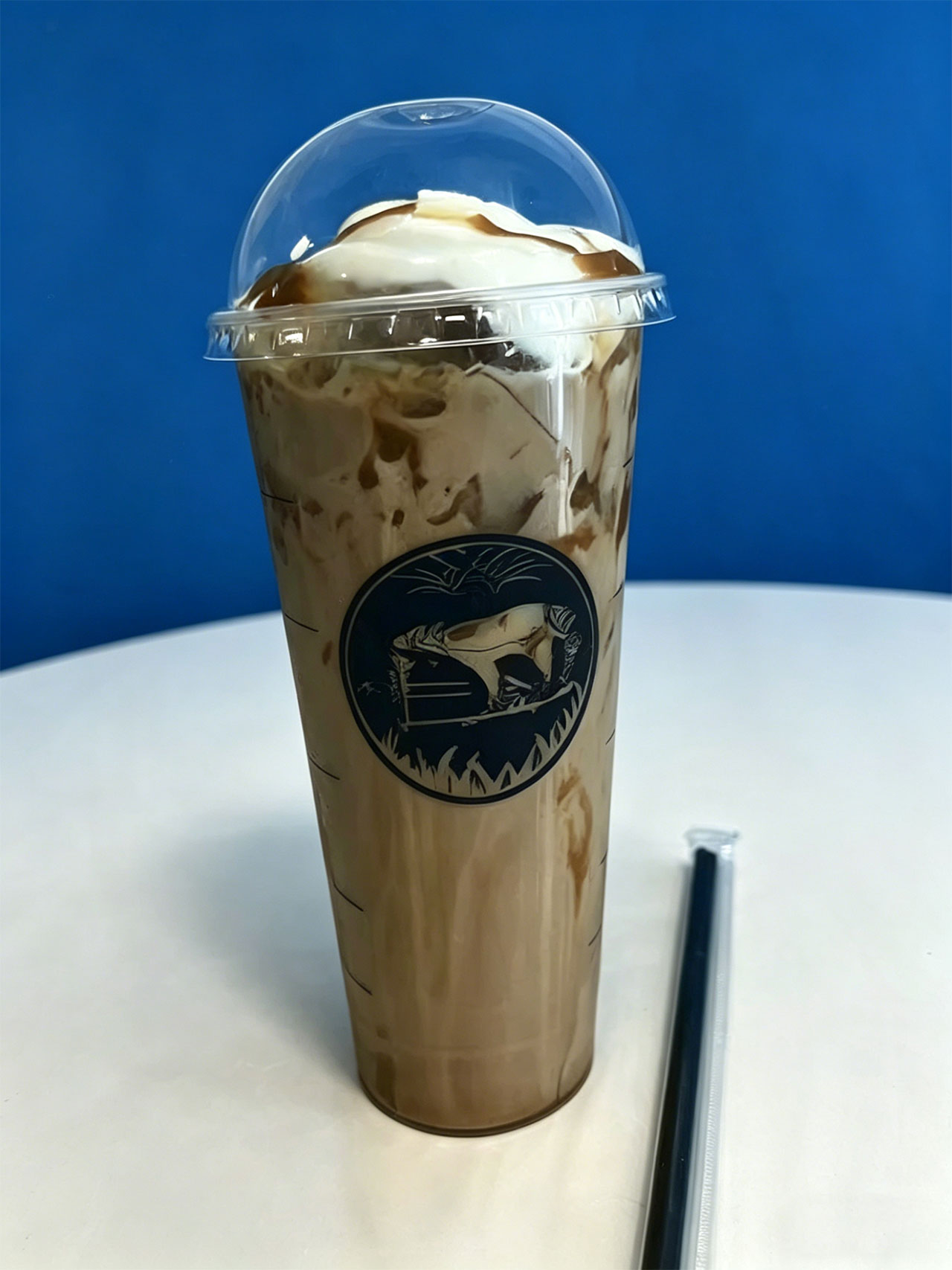 Light brown iced coffee with caramel drizzle and whipped cream at Kopiyo, a Coffee shop in Flowood