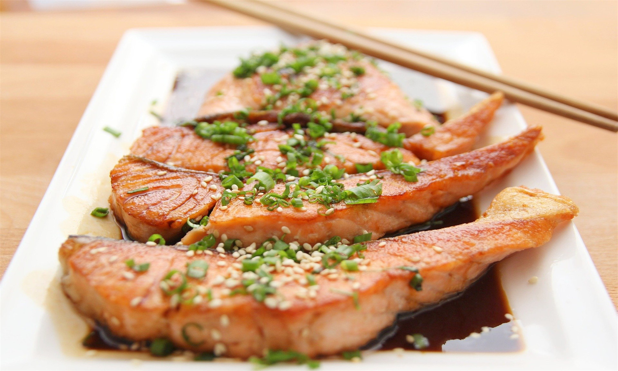 Teriyaki salmon with green onion and sesame seeds at Koya Sushi, a Japanese Restaurant in Whittier