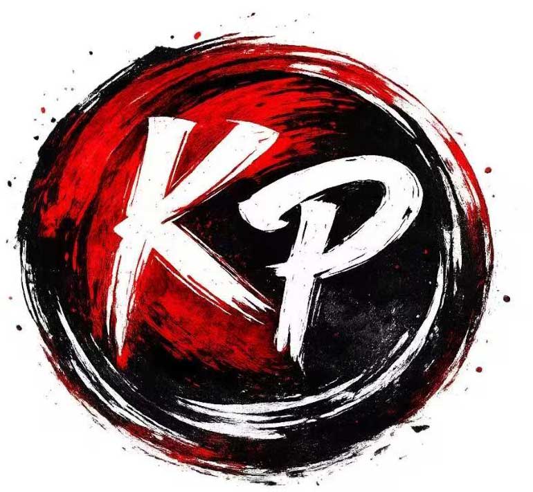 Circular brush‑stroke logo with bold white hand‑painted KP letters inside red‑black ink circle, paint splatters scattered against plain white background.