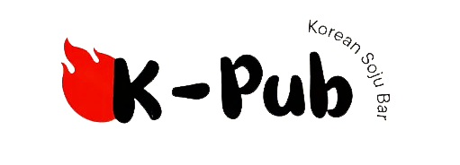 A logo for a Korean soju bar, featuring "K-Pub" in a bold, black handwritten style, accompanied by a red flame icon on the left and "Korean Soju Bar" curved at the top right