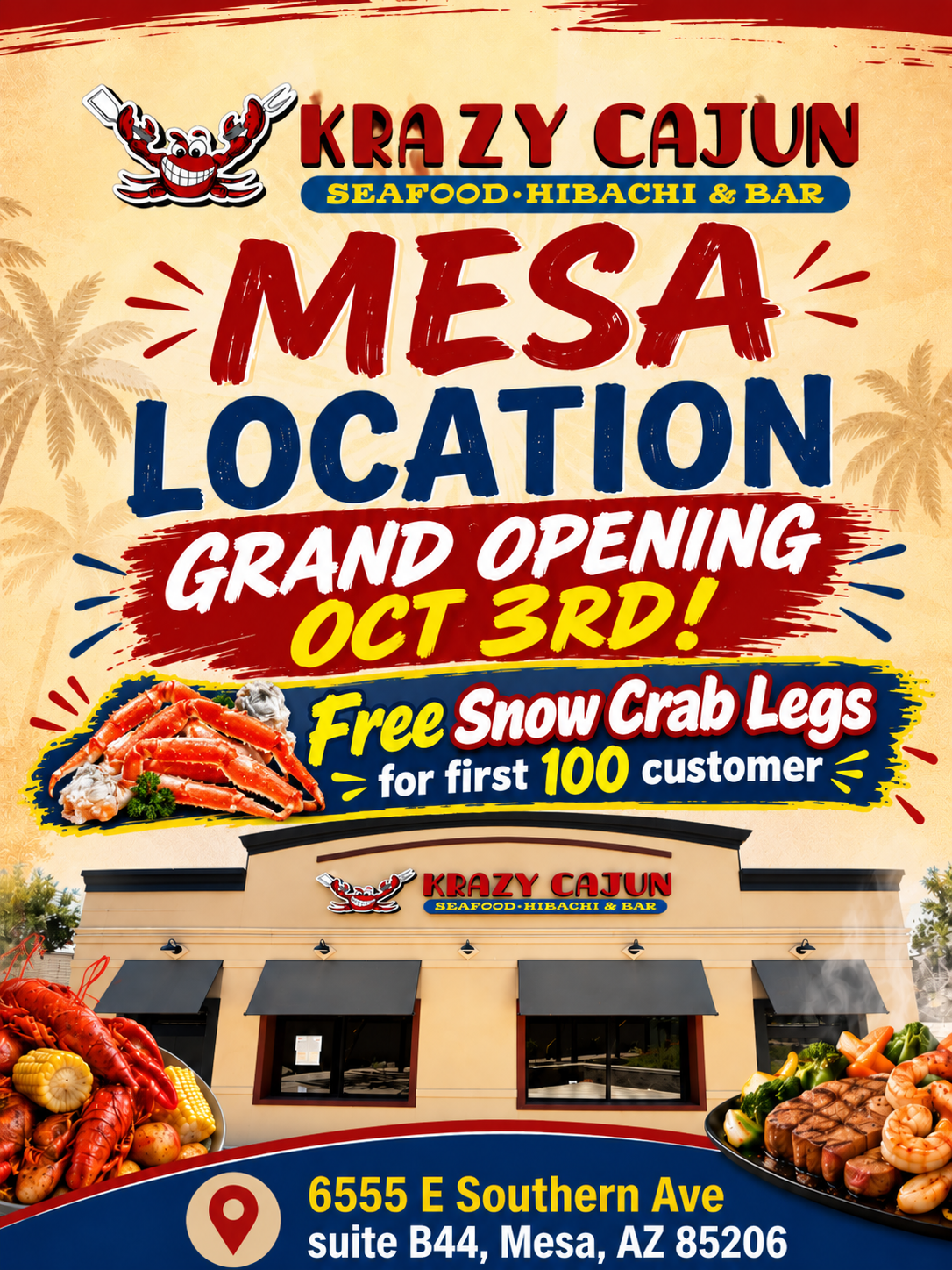 Grand opening on Oct 3rd.
Free Snow Crab Legs for first 100 customer 