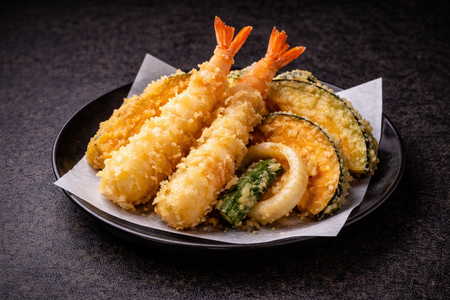 Shrimp and vegetable tempura on a black plate at Kuchi buffet, a Sushi restaurant in Tampa