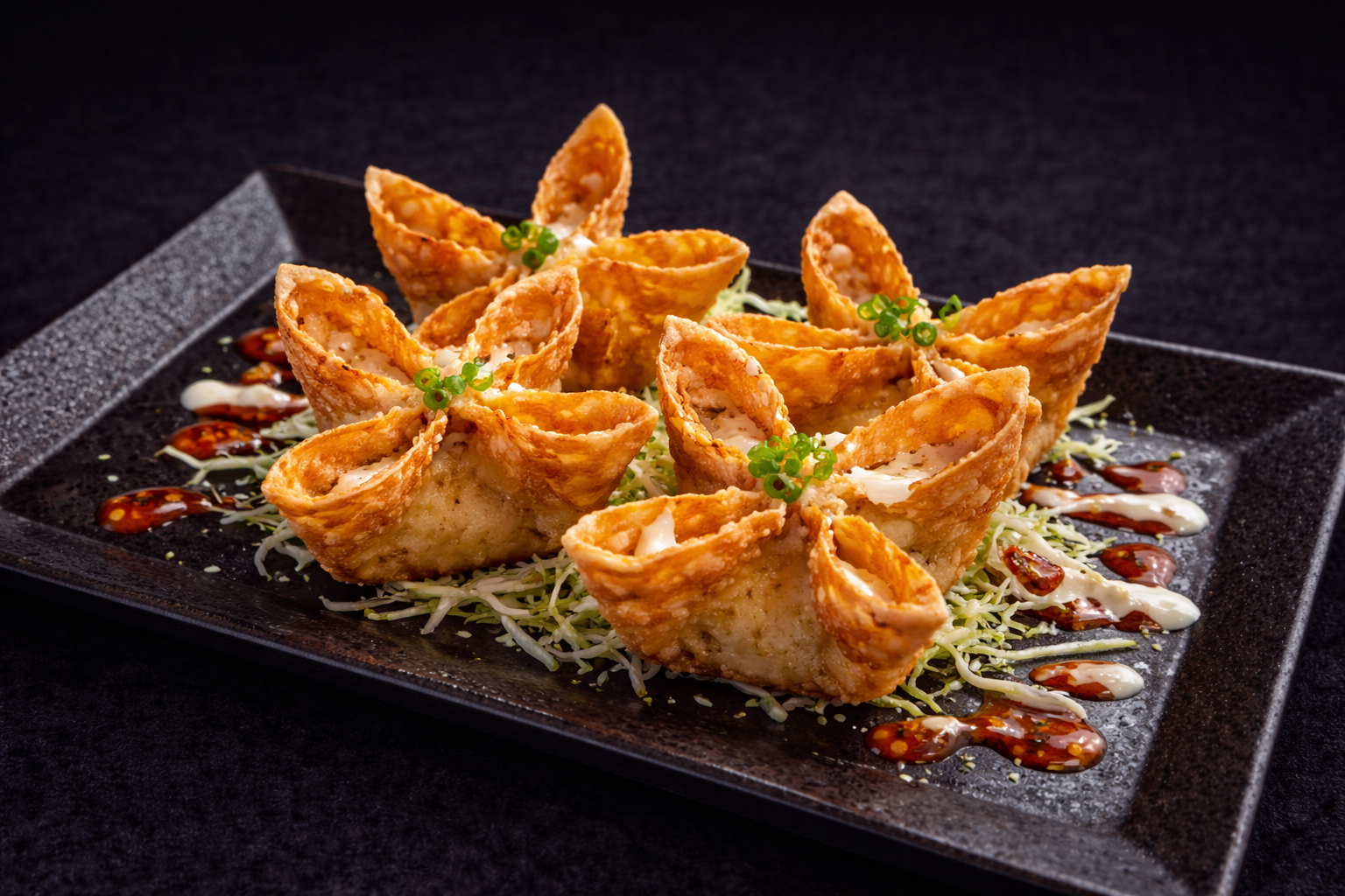 Crispy wonton cups with sauce garnish at Kuchi buffet, a Sushi restaurant in Tampa