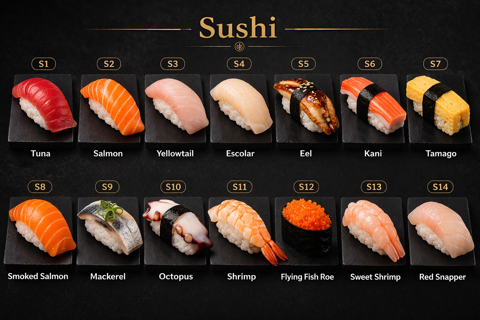 Nigiri sushi platter with 14 labeled varieties at Kuchi buffet, a Sushi restaurant in Tampa