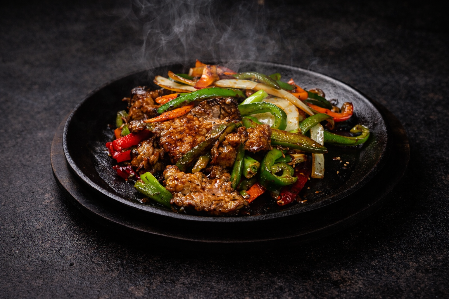 Sizzling beef and vegetable stir-fry on a hot plate at Kuchi buffet, a Sushi restaurant in Tampa