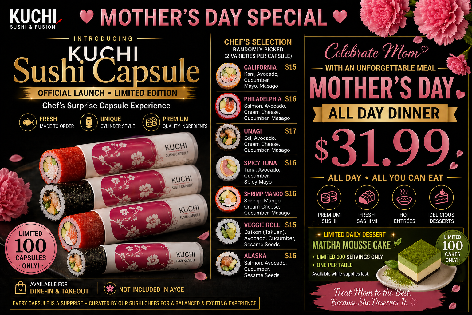 Mother's Day special sushi capsule menu poster with pricing at Kuchi buffet, a Sushi restaurant in Tampa
