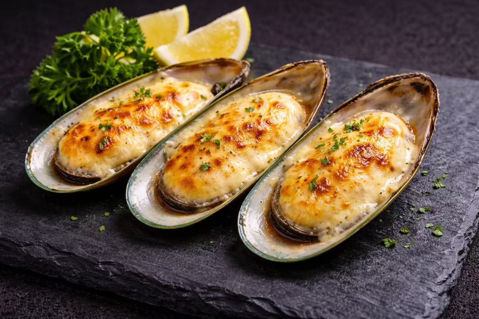 Cheese-baked mussels with lemon and parsley at Kuchi buffet, a Sushi restaurant in Tampa