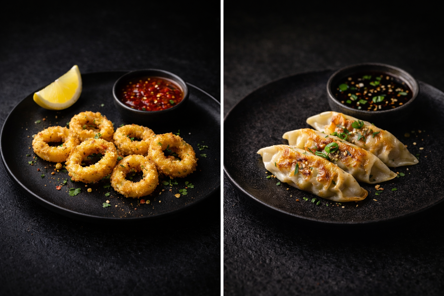 Fried calamari rings and pan-fried dumplings at Kuchi buffet, a Sushi restaurant in Tampa