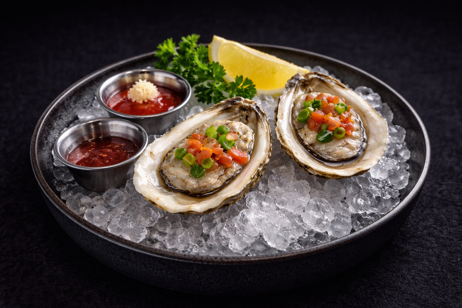 Raw oysters on ice with salsa garnish at Kuchi buffet, a Sushi restaurant in Tampa