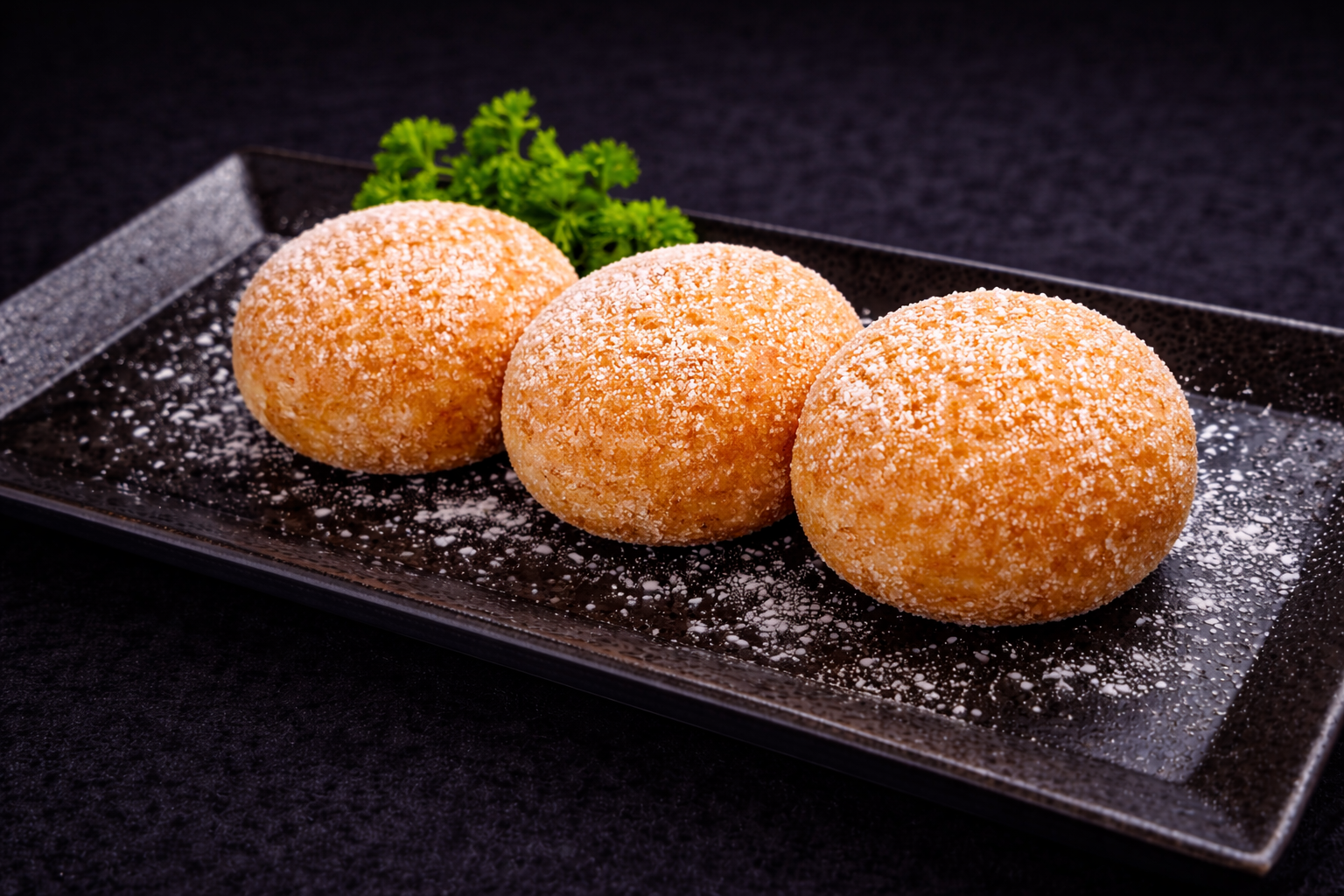 Three sugar-dusted fried buns on black plate at Kuchi buffet, a Sushi restaurant in Tampa