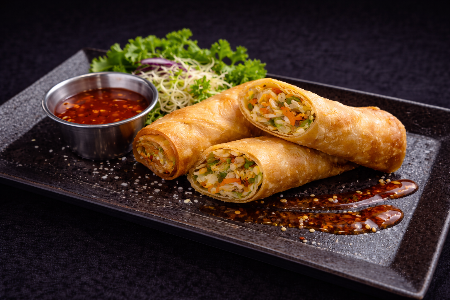 Vegetable spring rolls with spicy dipping sauce at Kuchi buffet, a Sushi restaurant in Tampa