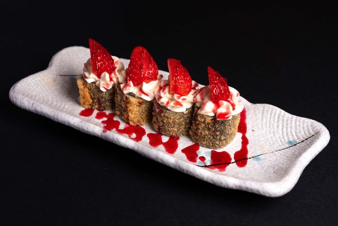Sushi roll with strawberry and cream at Kumo Sushi & Hibachi, a Japanese restaurant in Adel