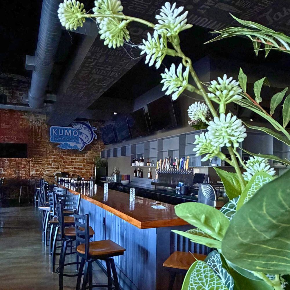 Bar area featuring Kumo Japanese Restaurant logo at Kumo, a Japanese Restaurant in Schererville