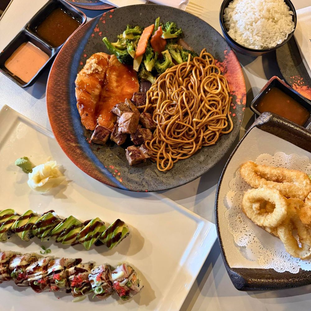 Combo plate with noodles, protein and sushi at Kumo, a Japanese Restaurant in Schererville