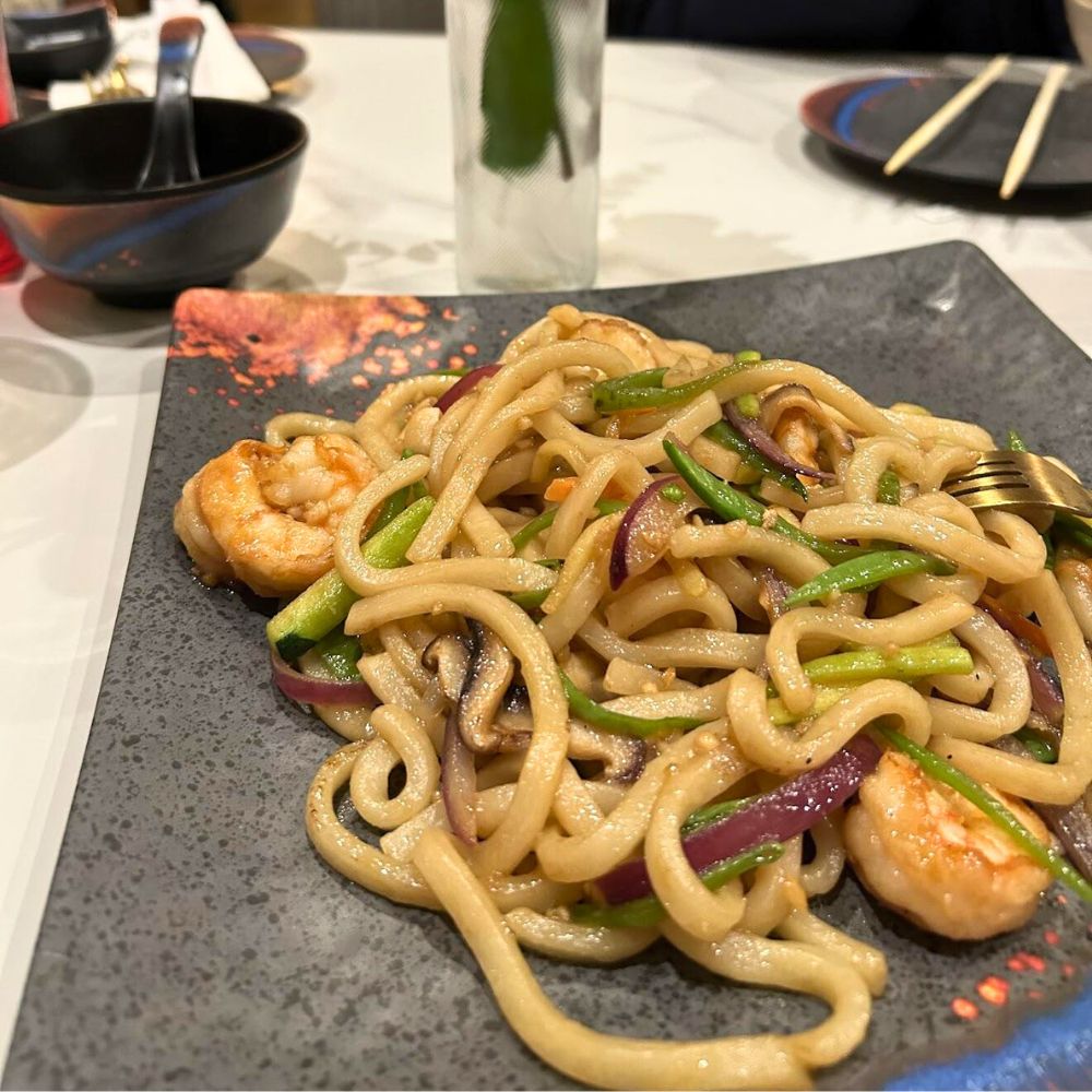 Udon noodles stir-fried with shrimp and veggies at Kumo, a Japanese Restaurant in Schererville