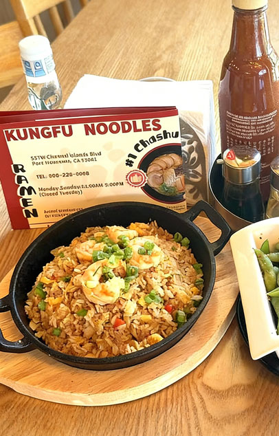 Shrimp fried rice in skillet with menu at Kungfu Noodles, a Ramen restaurant in Port Hueneme