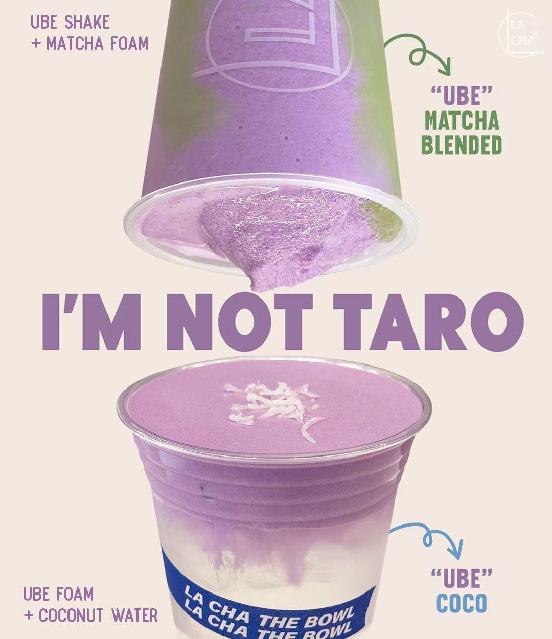 La Cha La Cha promotional poster featuring two purple ube drinks: 