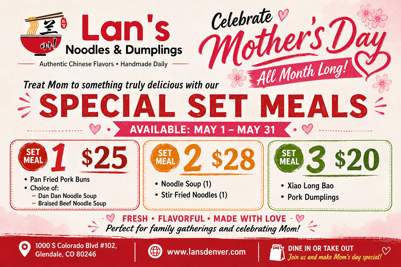 Lan's Noodles & Dumplings Mother's Day special set meals, $20–$28, May 1–31, featuring buns, noodle soup, and dumplings, Glendale CO.