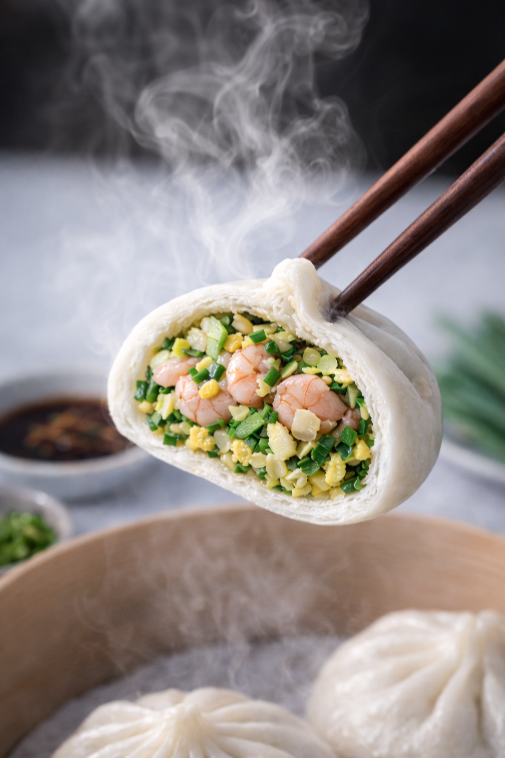 Steamed Shrimp, Chive, and Egg Bun at Lans Dumpling, Chinese Dim Sum Restaurant in El Monte
