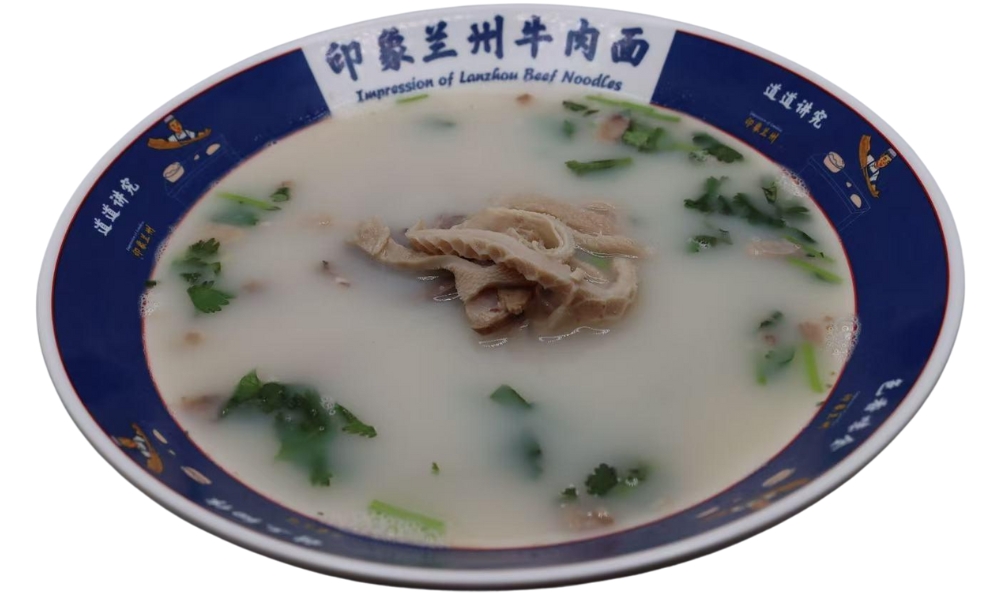 Creamy lamb offal soup with cilantro at Impression of Lanzhou, a Chinese Restaurant in Berkeley.