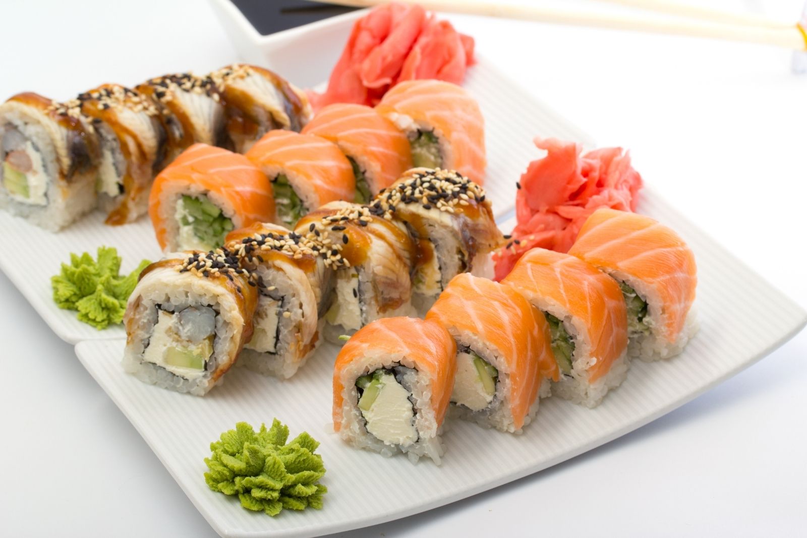 Salmon and eel sushi rolls with soy sauce and wasabi at LA Sushi And Hibachi, a Japanese Restaurant in Santa Fe