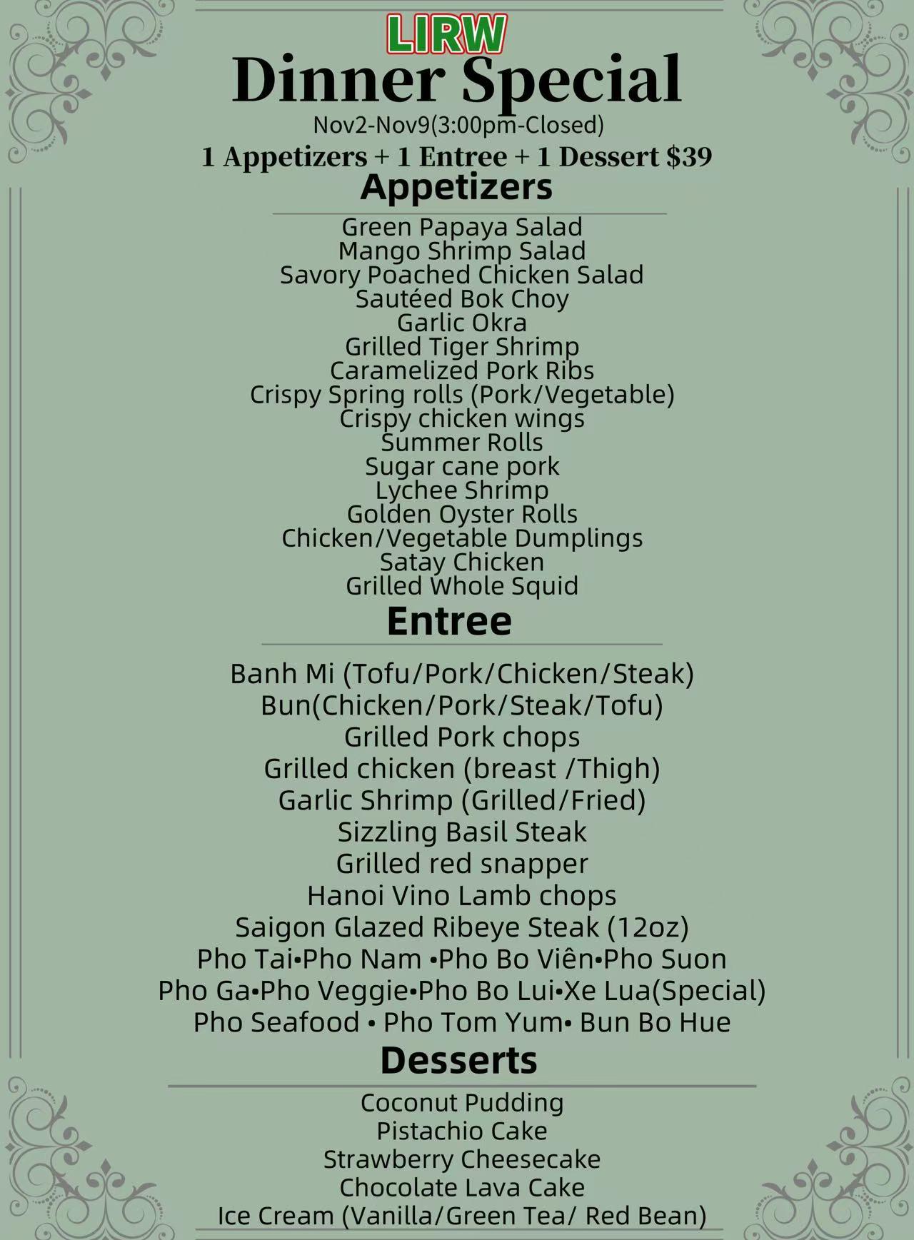 Lâu Vietnamese Pho Vietnamese Restaurant Dinner Menu