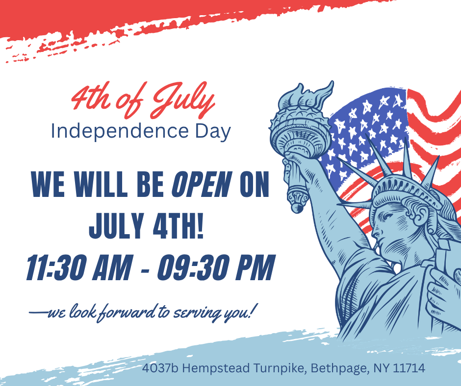 4th of July Independence Day announcement poster featuring the Statue of Liberty holding her torch and an American flag background. Text reads: 