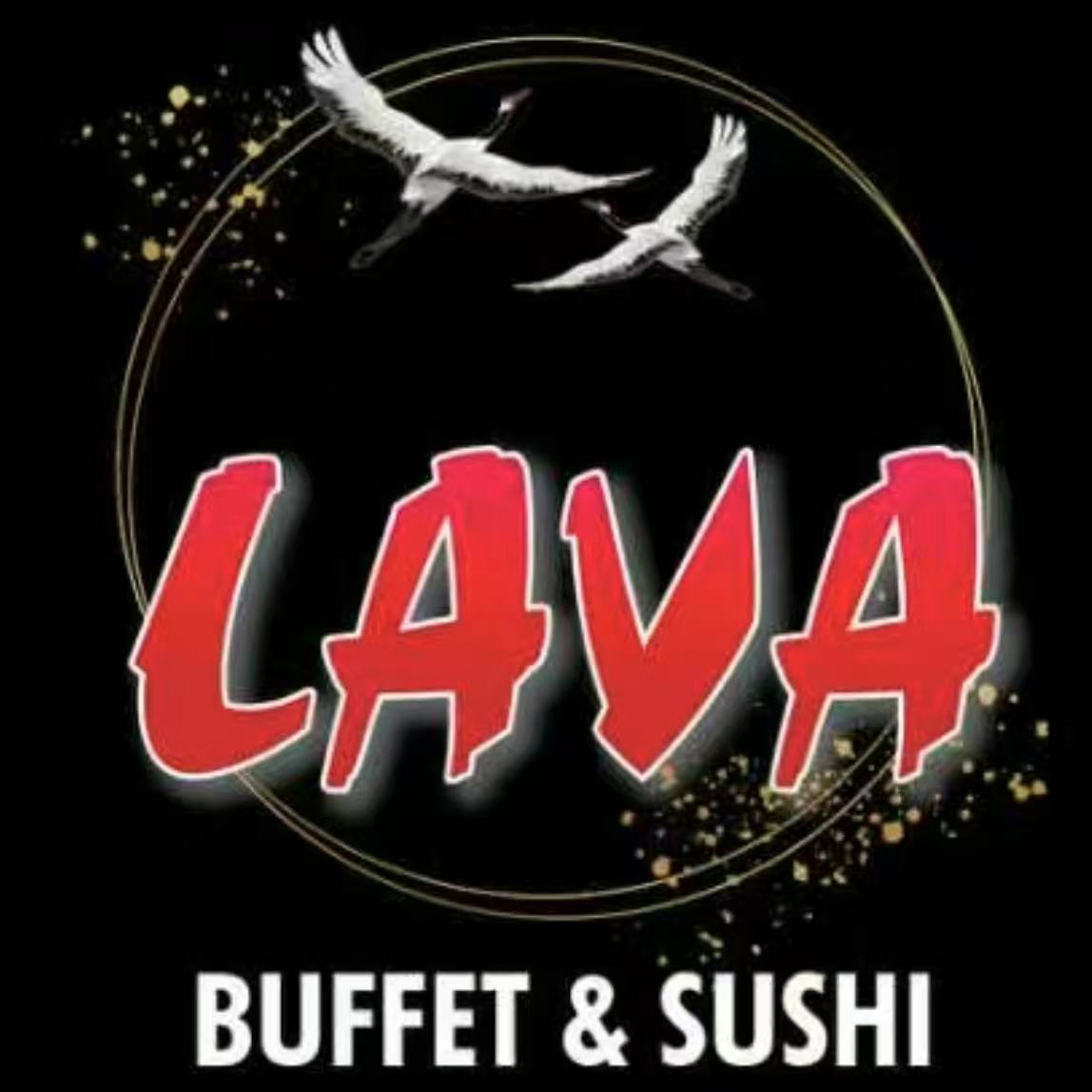 The logo of "LAVA BUFFET & SUSHI" featuring two flying cranes within a circular design, with bold red text for "LAVA" and white text for "BUFFET & SUSHI" on a black background