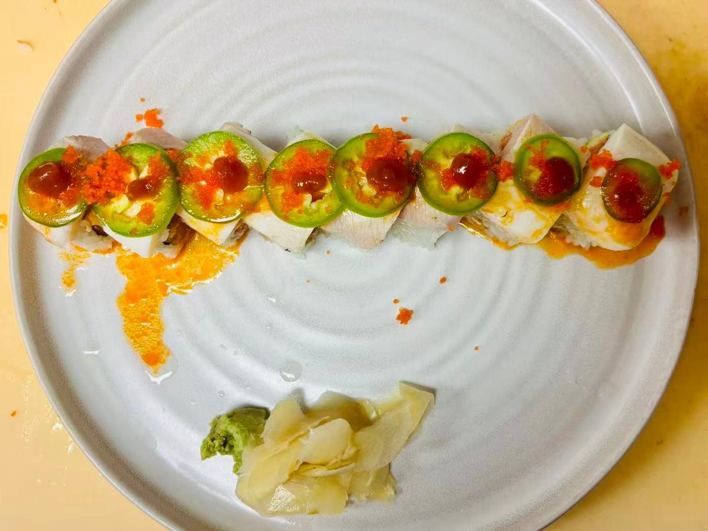 Lava-Buffet & Sushi-Asian-Fusion-Restaurant-Jalapeño-Tuna-Sushi-Roll-Kilgore Sushi roll with tuna, jalapeño and fish roe at Lava Buffet & Sushi,a Asian Fusion Restaurant in Kilgore