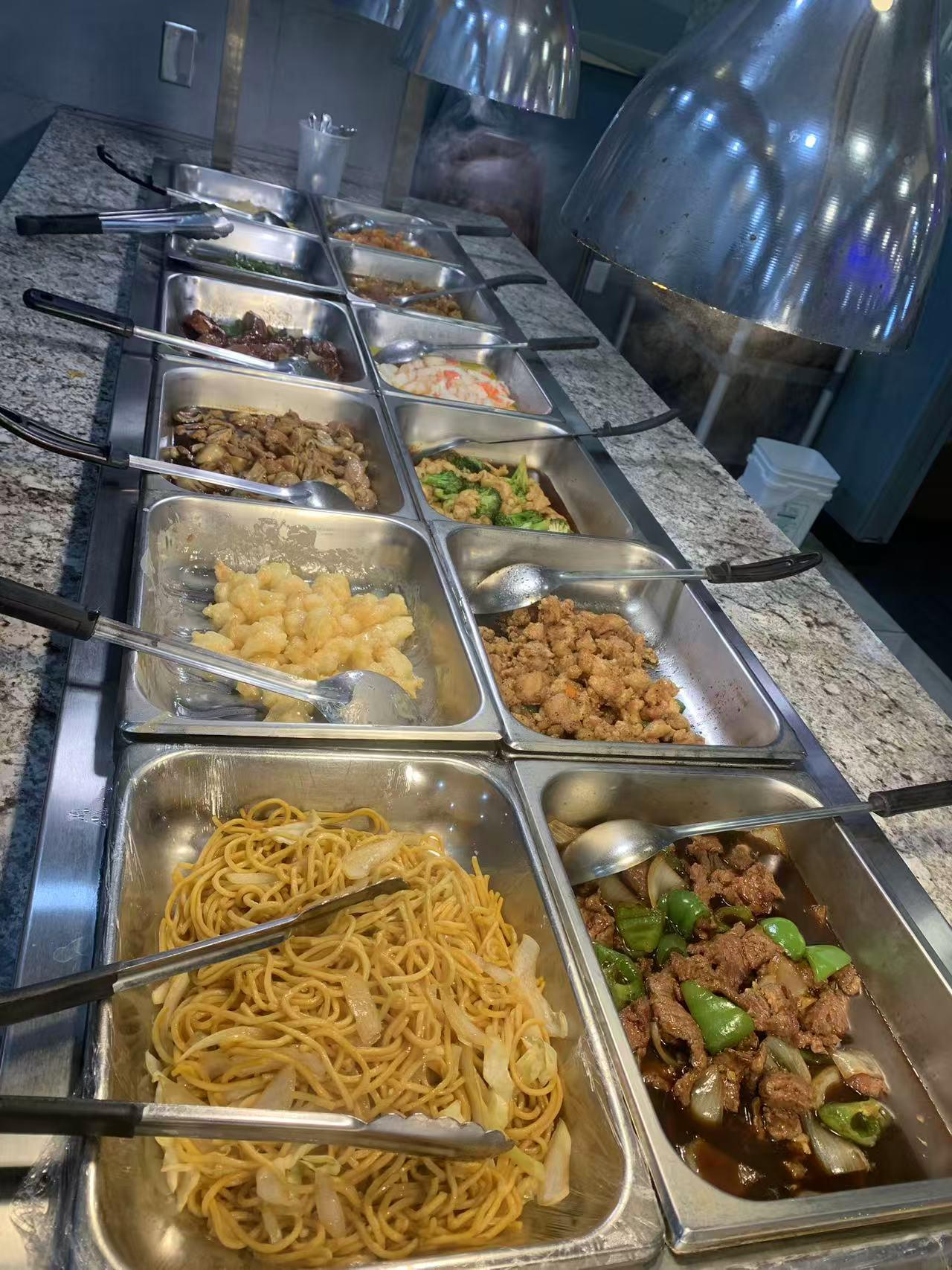 Noodle and meat dishes buffet station at Lava Buffet & Sushi，a Asian Fusion Restaurant in Kilgore