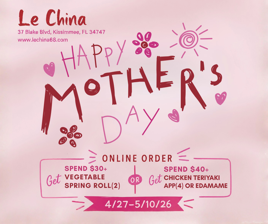 online order
Spend $30+ and get Vegetable Spring Roll(2) FREE
Spend $40+ and get Chicken Teriyaki App (4) or Edamame FREE

Promotion Dates: 4/27 - 5/10/26