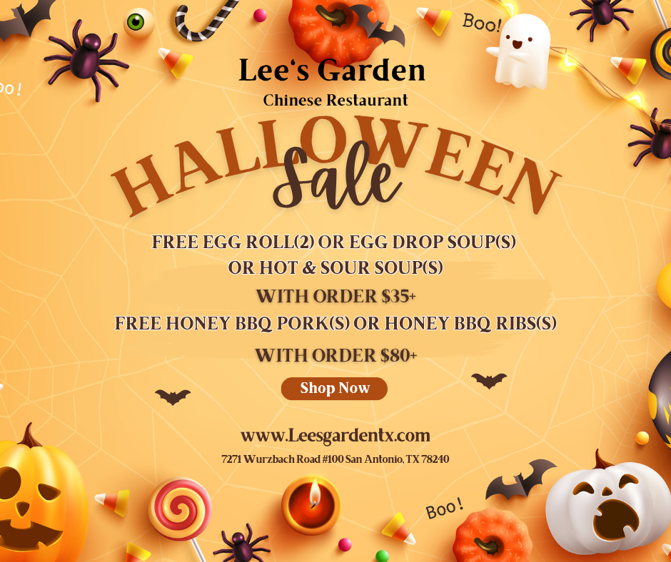 alt: Halloween sale poster for Lee's Garden Chinese Restaurant, featuring promotional offers, Halloween decorations like pumpkins, spiders, ghosts, and business details.
title: Lee's Garden Chinese Restaurant Halloween Sale Poster.