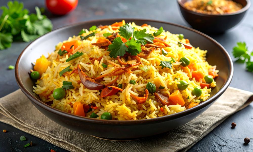 Vegetable biryani rice with peas, carrots, and cilantro garnish at Legend Asian Fusion, a Asian fusion restaurant in Colonia