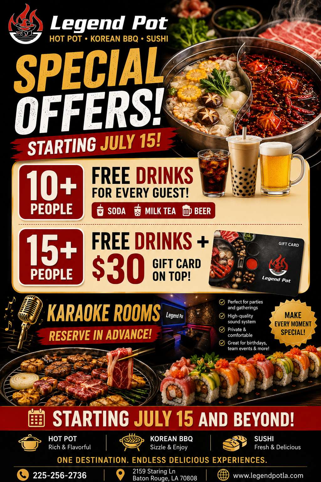 Promotional graphic for Legend Pot in Louisiana: free soda, boba, beer for large parties; 15+ guests get extra $30 gift card, private karaoke space for events.