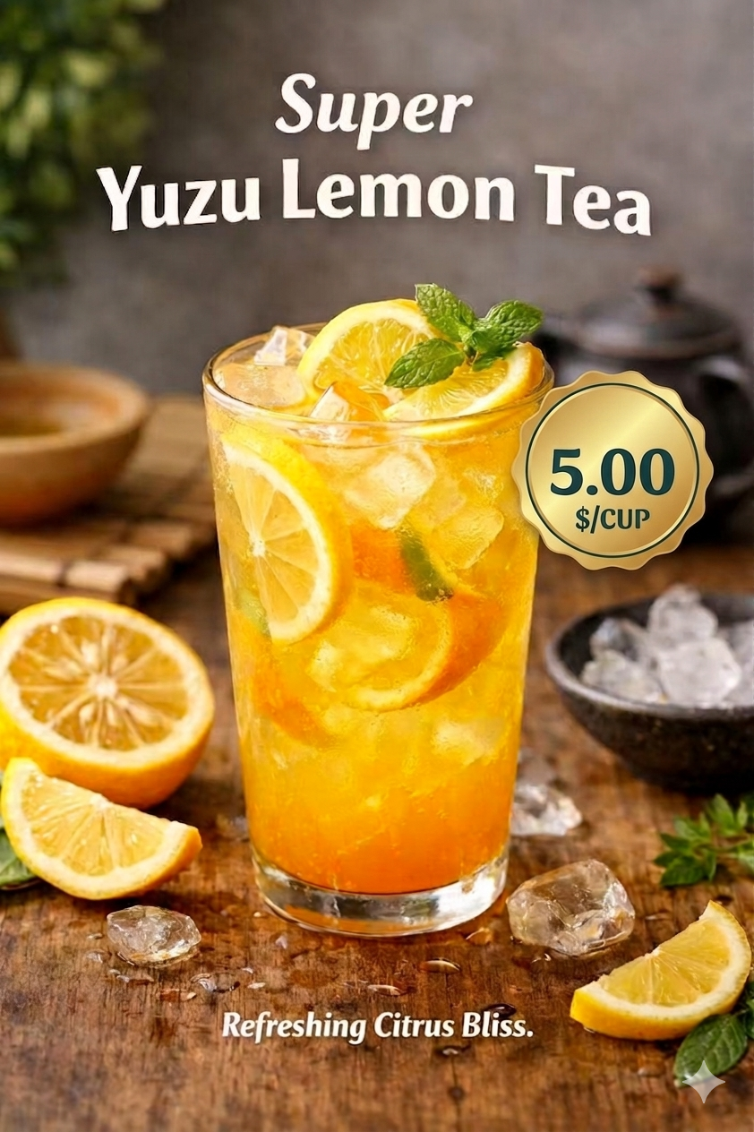 Advertisement for $5.00 Super Yuzu Lemon Tea at Legend Sushi.