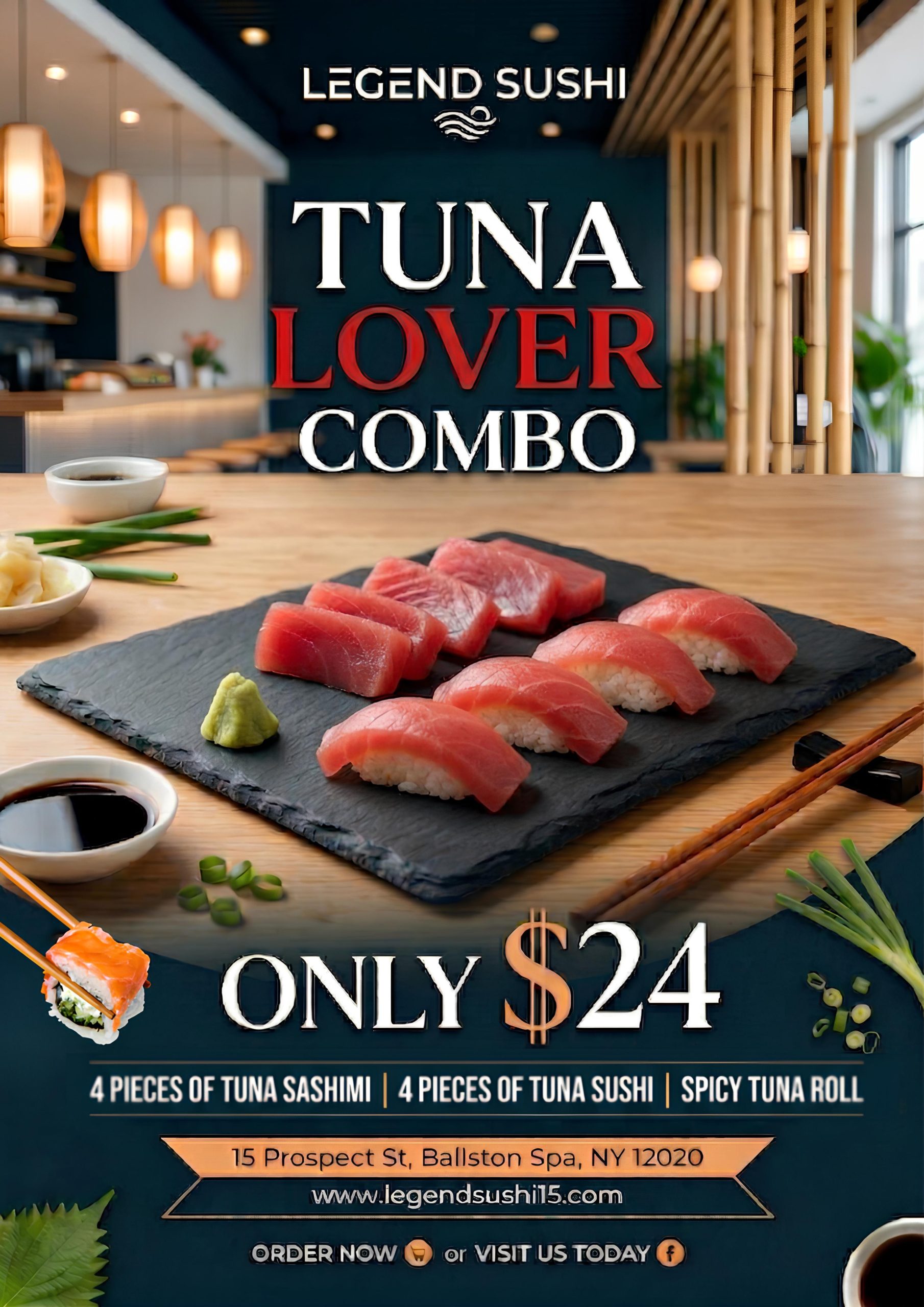 Legend Sushi $24 Tuna Lover Combo poster: 4 pcs sashimi, 4 pcs sushi.