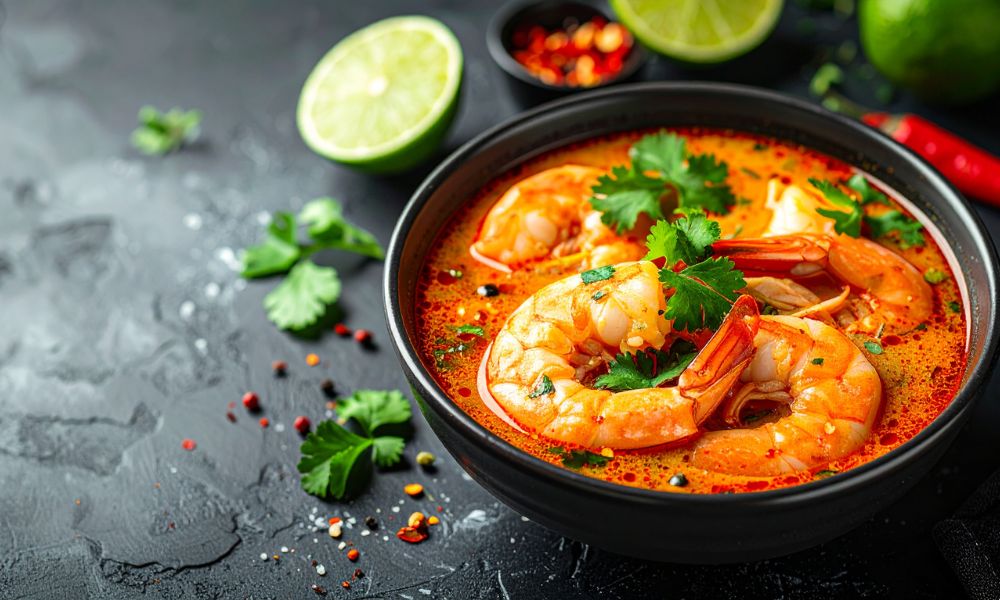 Spicy tom yum shrimp soup in black bowl, plump shrimp, fresh cilantro, lime slices, chili and spices scattered on dark textured stone surface.