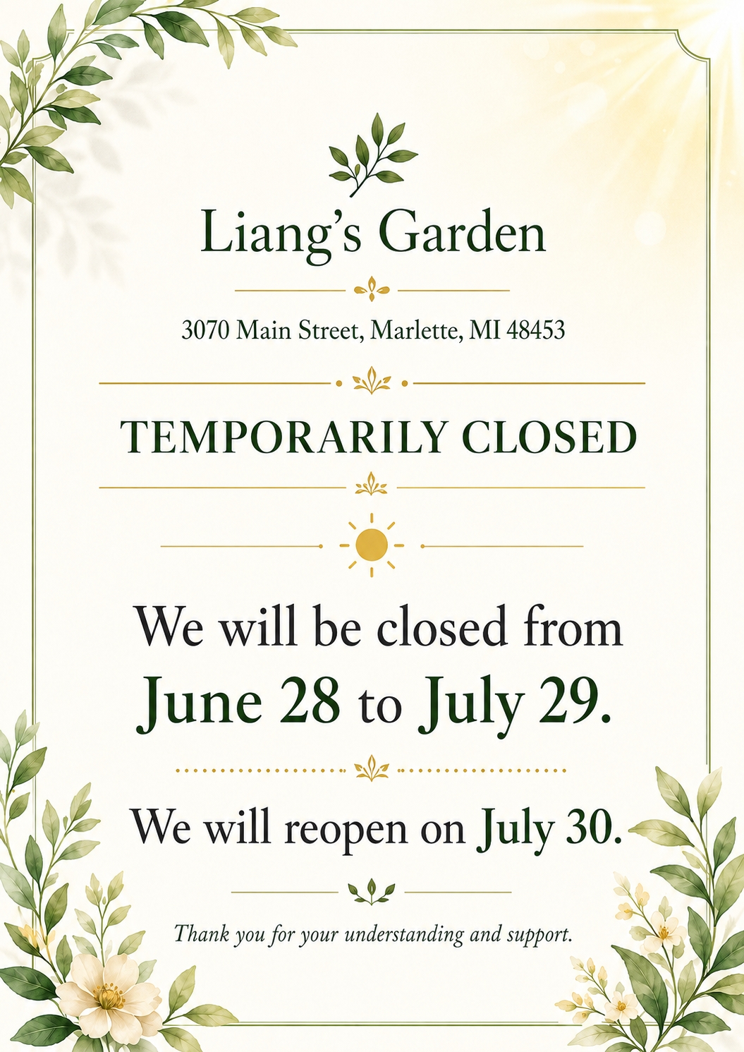 Notice of Special Operating Hours