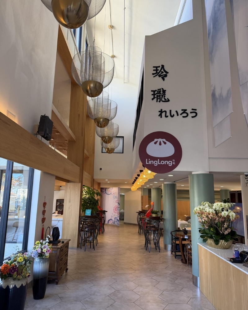 Main dining corridor with modern decor at Linglong, a Chinese Restaurant in Fountain Valley.