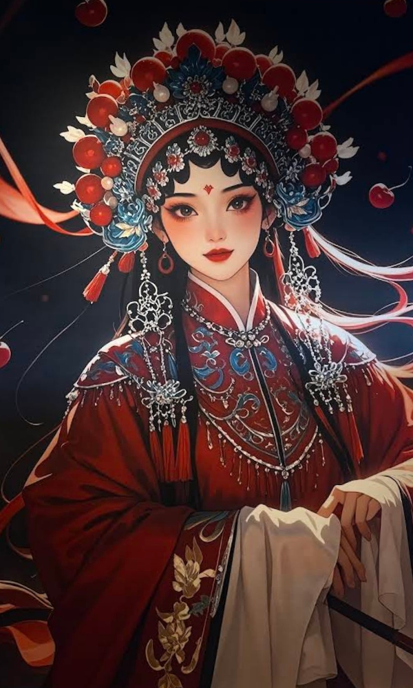 Chinese opera character artwork with ornate headpiece at Ling Long, a Asian Restaurant in Oklahoma City