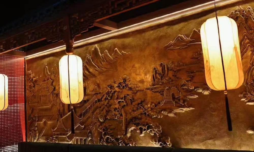 Landscape mural wall with lanterns at Ling Long, a Asian Restaurant in Oklahoma City