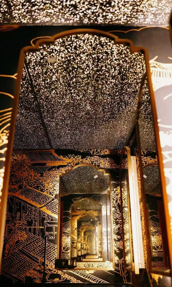 Starry ceiling with black-and-gold mural decor at Ling Long, a Asian Restaurant in Oklahoma City