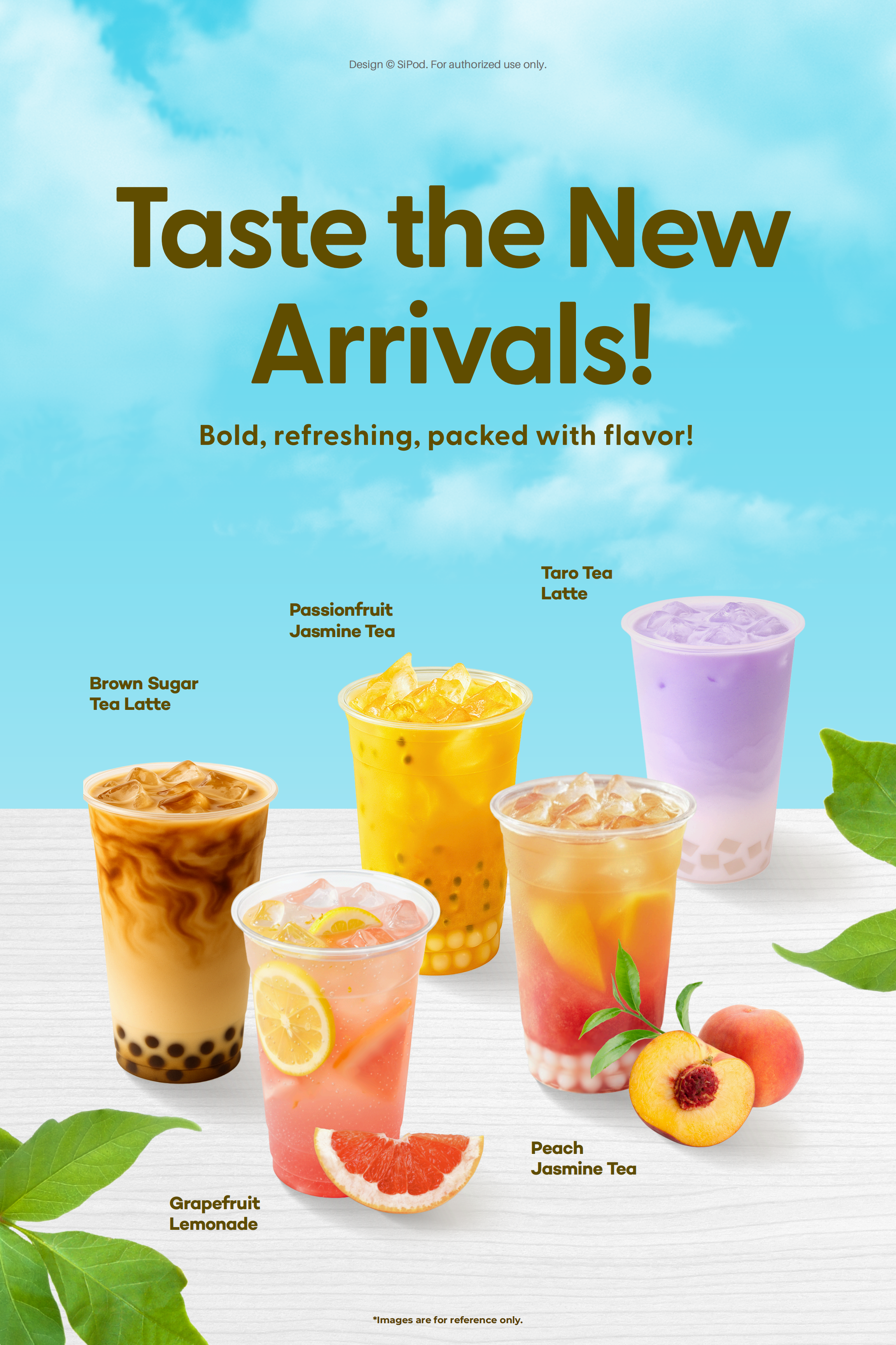 Beverage poster featuring Taro Tea, Passionfruit Latte, Jasmine Tea, Brown Sugar Tea Latte, Peach Jasmine Tea, and Grapefruit Lemonade