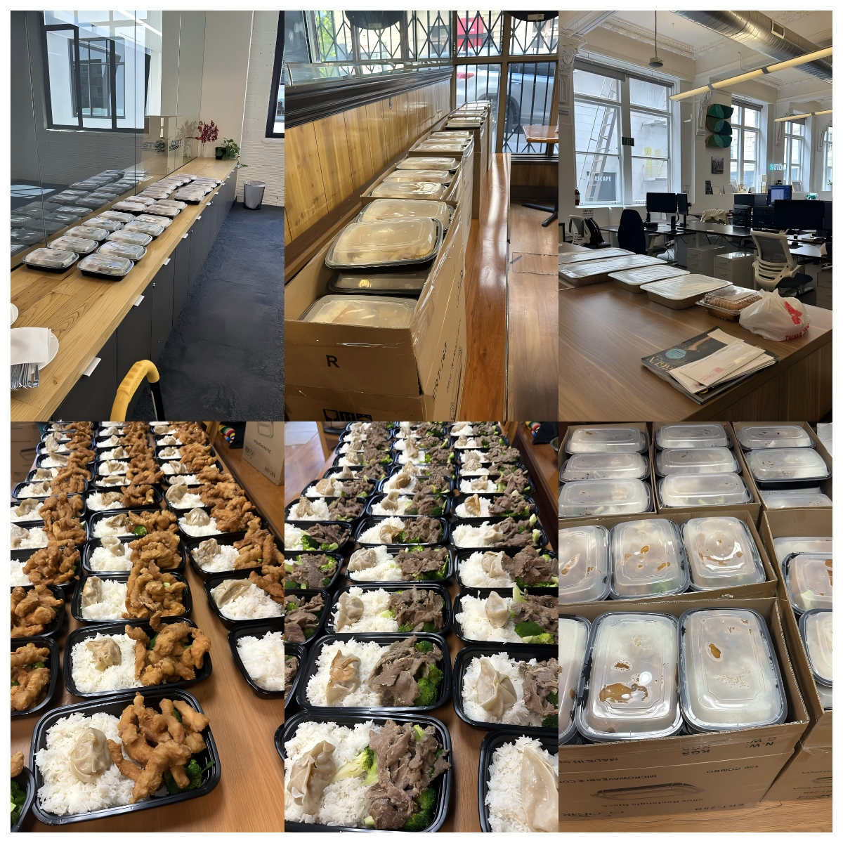 Lin's-Kitchen-Chinese-Restaurant-Group-Meal-Prep-San-Francisco Large-scale team meal prep(400 portions):neat trays,stacked containers,office setup,rice dishes with proteins&veggies.