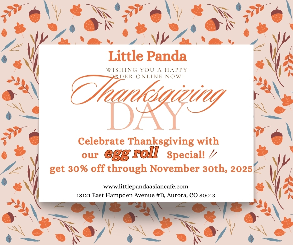 Little Panda Thanksgiving promo featuring a 30% off egg roll special, valid through November 30, 2025, with autumn-themed design