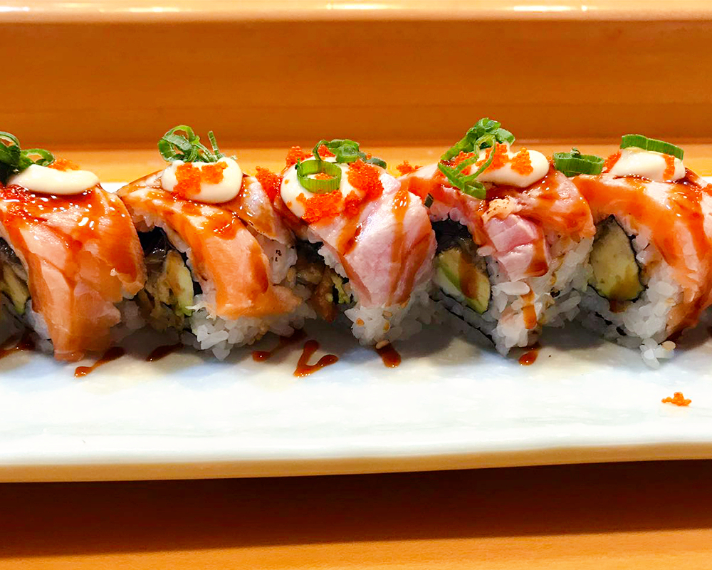 Specialty Sushi Roll - Sushi roll with salmon, tuna, avocado & tobiko at Little Tokyo (Madison), a Japanese Restaurant in Madison